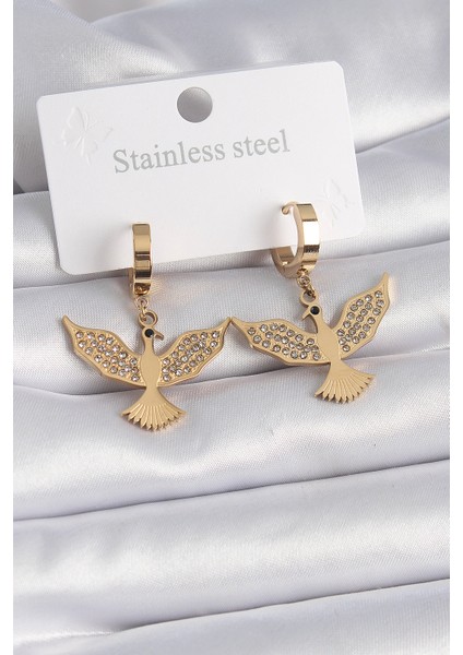 316L Çelik Gold Renk Zirkon Taşlı Anka Kuşu Model Kadın Küpe - Lisinya