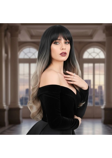 Kahküllü Uzun Dalgalı Fiber Sentetik Peruk - Siyah / Küllü Bebek Sarı Ombreli