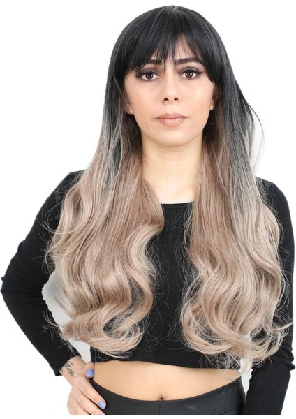 Kahküllü Uzun Dalgalı Fiber Sentetik Peruk - Siyah / Küllü Bebek Sarı Ombreli fiyatları