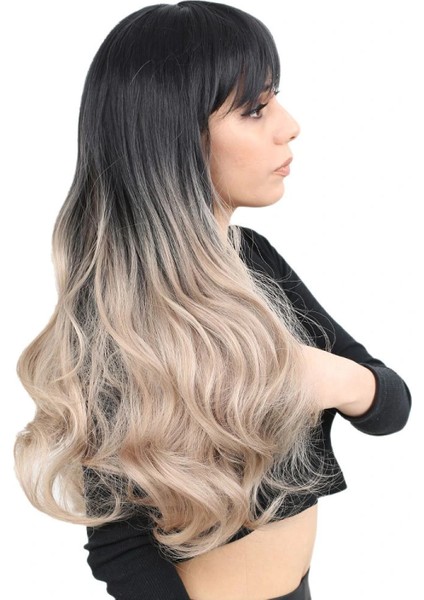 Kahküllü Uzun Dalgalı Fiber Sentetik Peruk - Siyah / Küllü Bebek Sarı Ombreli modelleri