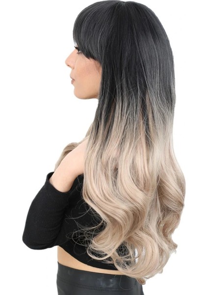 Kahküllü Uzun Dalgalı Fiber Sentetik Peruk - Siyah / Küllü Bebek Sarı Ombreli fırsatları