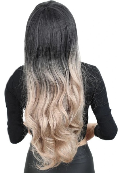 Kahküllü Uzun Dalgalı Fiber Sentetik Peruk - Siyah / Küllü Bebek Sarı Ombreli indirimleri