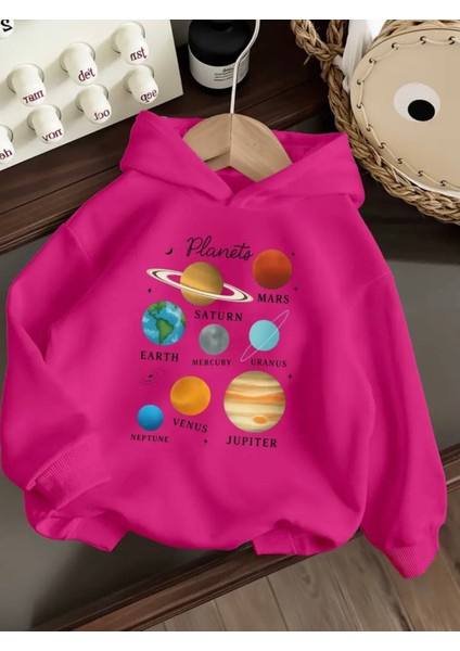 Punıx Kıds Özel Üretim Planets Baskılı Kapüşonlu %100 Pamuk Cepsiz Oversize Kız Çocuk Seatshırt