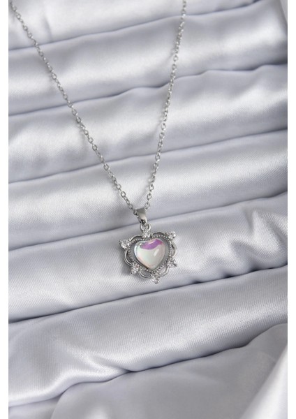 Bfs 316L Çelik Zincir Gümüş Renk Kalp Model Kadın Kolye