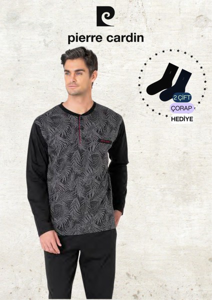 Erkek %100 Pamuk Uzun Kol Jakarlı 2'li Siyah Pijama Takımı (2 Adet Hediye Çorap) L1.PC.6111.001
