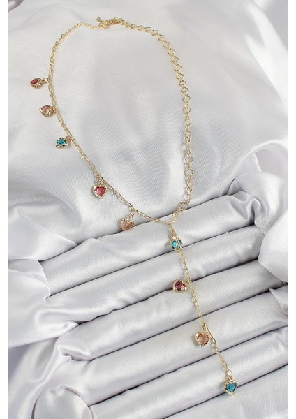 Bfs Pirinç Asorti Kalp Model Gold Renk Zirkon Taşlı Y Kolye fiyatları