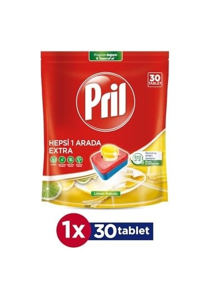 Pril Hepsi Bir Arada Extra Tablet Bulaşık Deterjanı 30 Yıkama (1 x 30 Tablet)