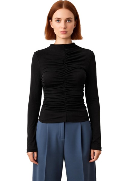 Kadın Uzun Kollu Dik Yaka Büzgülü Vücut Sarma Örme Üst Kaliteli Şık Rahat Modern Zarif Günlük fiyatları