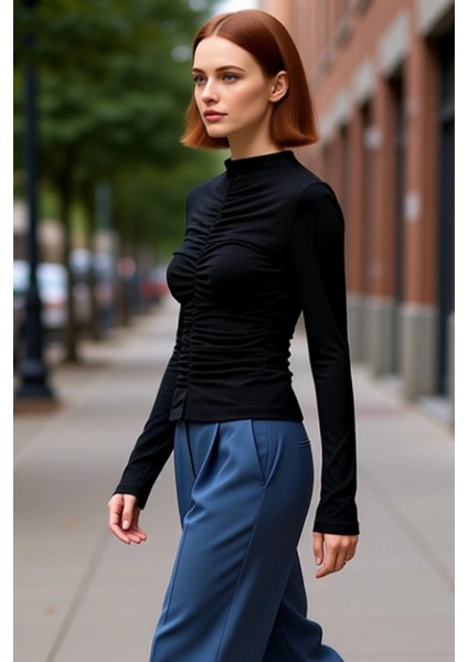 Kadın Uzun Kollu Dik Yaka Büzgülü Vücut Sarma Örme Üst Kaliteli Şık Rahat Modern Zarif Günlük fırsatları