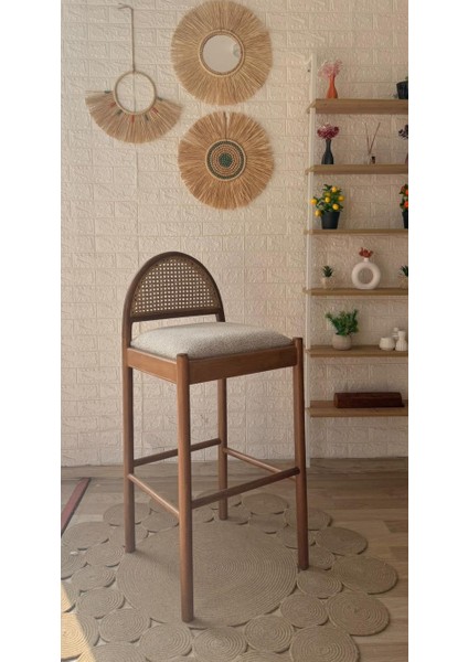 Concept Nova Bar Sandalyesi Teddy Krem Kahve Desenli Kumaş Hasırlı Ceviz Ahşap Ada Sandalye