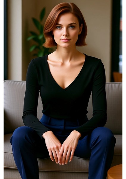 Kadın Moda Şık Regular Kruvaze Yaka Slim Kalıp Örme Fitted Vücuda Oturan Yaka Kol Fitilli Esnek Bluz