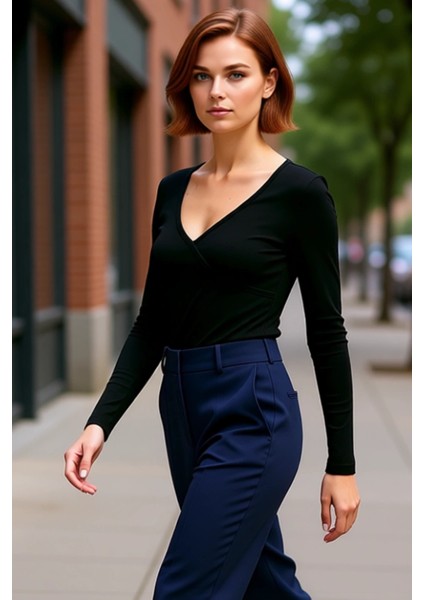 Kadın Moda Şık Regular Kruvaze Yaka Slim Kalıp Örme Fitted Vücuda Oturan Yaka Kol Fitilli Esnek Bluz fırsatları