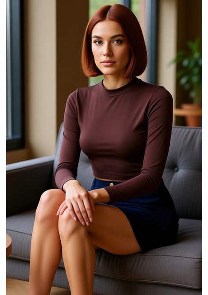 Kadın Moda Şık Crop Dik Yaka Slim Kalıp Örme Kolu Büzgü Detaylı Fitted Vücuda Oturan Esnek Bluz