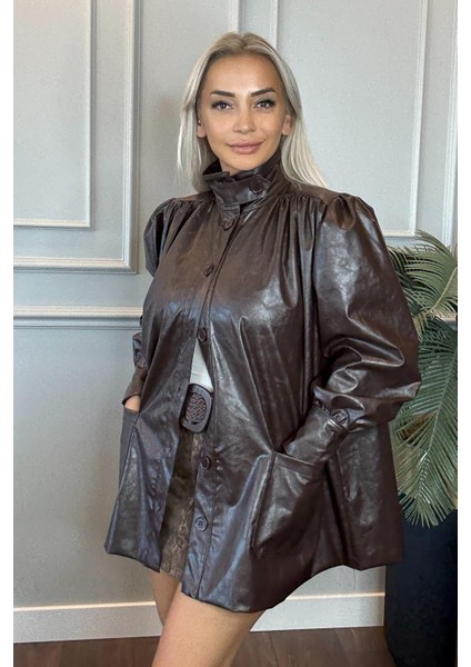 Dik Yaka Yumuşak Deri Kahverengi Kadın Ceket