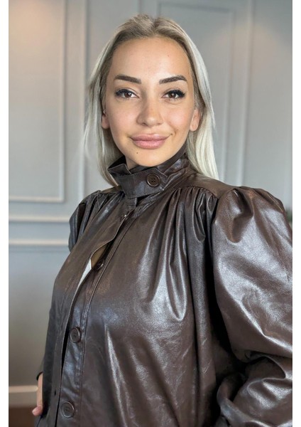 Dik Yaka Yumuşak Deri Kahverengi Kadın Ceket fiyatları