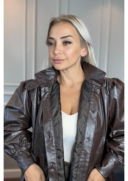 Dik Yaka Yumuşak Deri Kahverengi Kadın Ceket modelleri