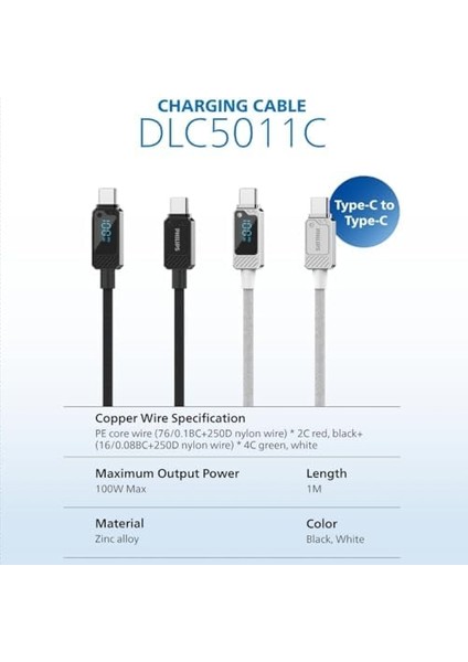 DLC5011C Type-C - Type-C Şarj Kablosu, 100W, Hızlı Şarj, 5A Yüksek Akım, 1 Metre, Dayanıklı Örgü Kablo, Dijital Göstergeli (Siyah) fiyatları