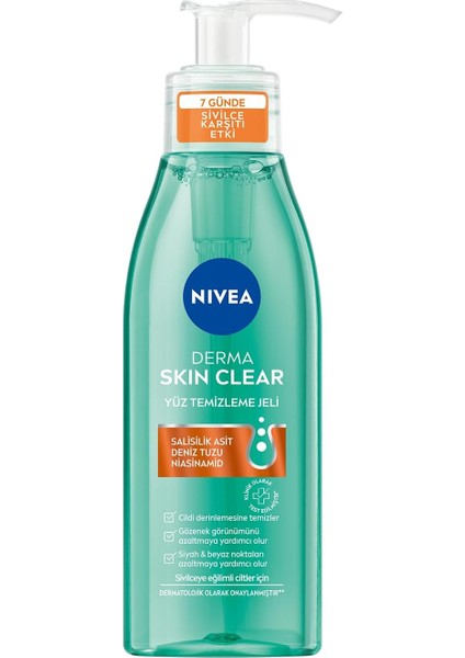 Nıvea Derma Skin Clear Sivilce Karşıtı Yüz Temizleme Jeli 150ML, Gözenek Arındırıcı,gözenek Görünümünü,siyah Noktaları Azaltır,salisilik Asit,niasinamid,deniz Tuzu,yağlı ve Karma Cilt