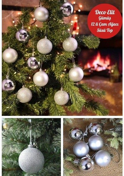 biton 12’li yılbaşı çam ağacı süsü gümüş – 4 cm parlak & simli karışık top süsler noel çam ağacı süsü