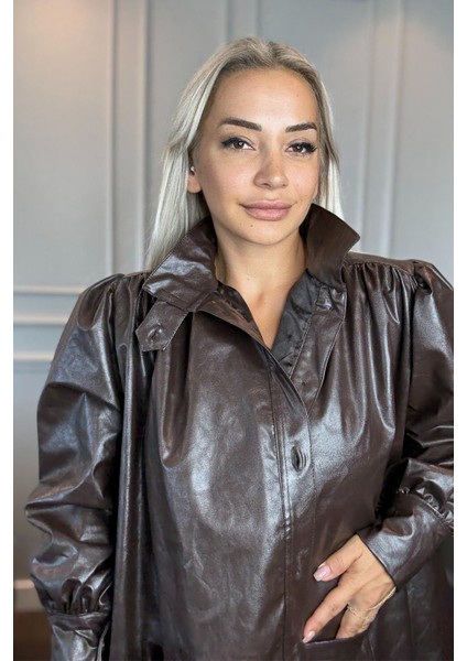 Dik Yaka Yumuşak Deri Kahverengi Kadın Ceket fırsatları