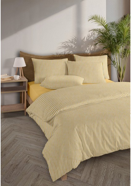 Striped %100 Pamuk Ranforce Yezra Sarı Ipliği Boyalı Nevresim Takımı Tek Kişilik - 160X220 cm