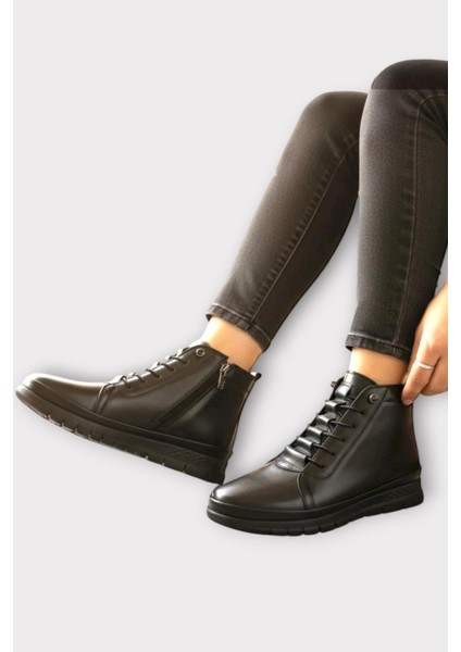 İçi Polarlı Ortopedik Fermuarlı Akıllı Bğcıklı Kadın Bot SİYAH