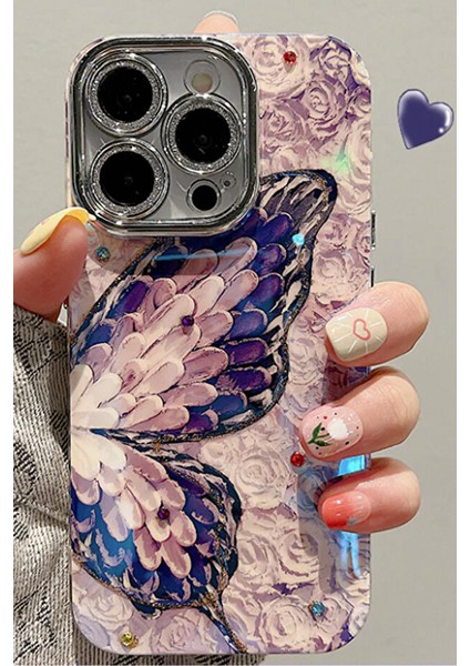 iPhone 13 Kılıf Renk Geçişli Taşlı Kamera Lens Korumalı Simli Mor Kelebek Desenli Darbe Emici Kapak