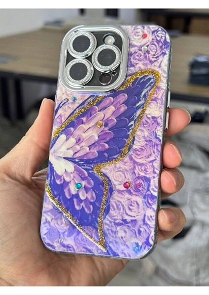 iPhone 13 Kılıf Renk Geçişli Taşlı Kamera Lens Korumalı Simli Mor Kelebek Desenli Darbe Emici Kapak fırsatları