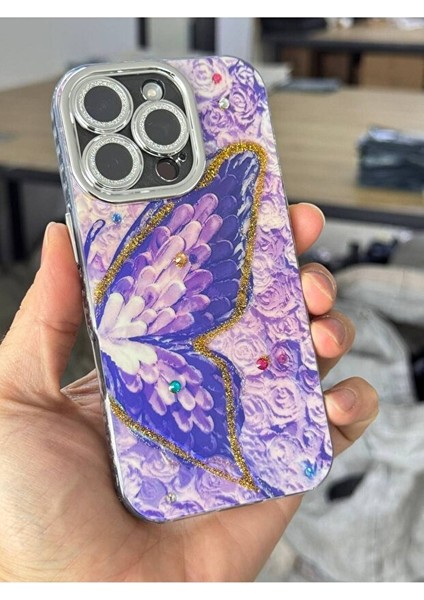 iPhone 13 Kılıf Renk Geçişli Taşlı Kamera Lens Korumalı Simli Mor Kelebek Desenli Darbe Emici Kapak indirimleri