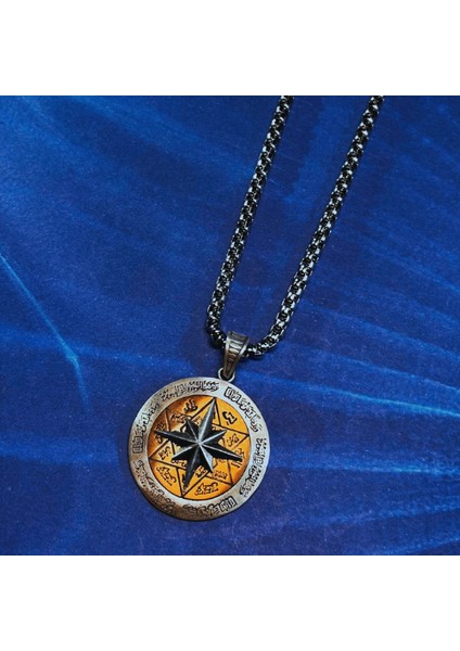 Pusula Figürlü Hz.süleyman Mührü El Işçiliği 925 Ayar Gümüş Erkek Kolye