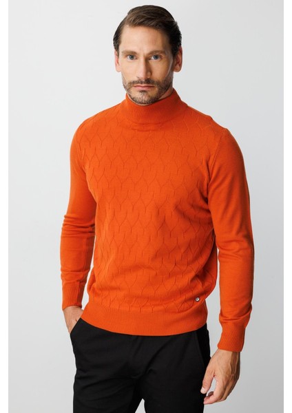 Turuncu Standart Fit Dar Kalıp Yarım Balıkçı Düz Uzun Kollu Triko