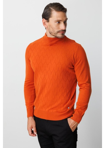 Turuncu Standart Fit Dar Kalıp Yarım Balıkçı Düz Uzun Kollu Triko fiyatları
