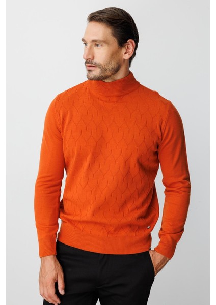 Turuncu Standart Fit Dar Kalıp Yarım Balıkçı Düz Uzun Kollu Triko