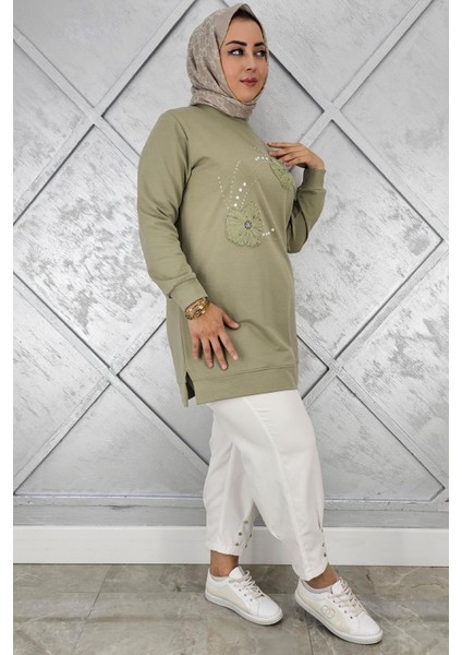 Kadın Dikme Çiçek ve Taş Detaylı Tesettür Tunik fiyatları