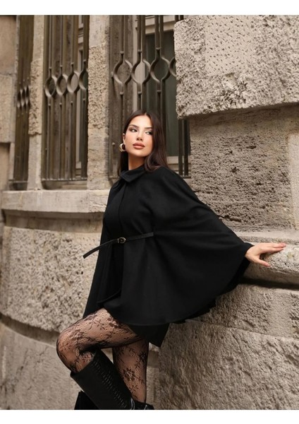 Kadın Kemerli Kaşe Panço Siyah