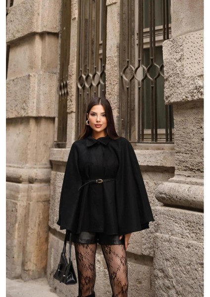 Kadın Kemerli Kaşe Panço Siyah fiyatları