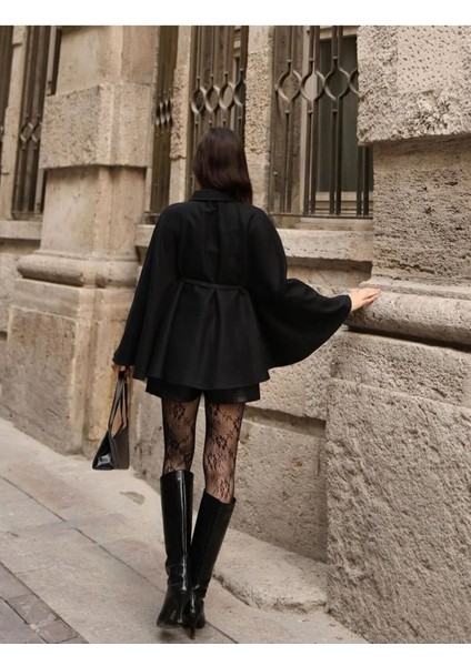 Kadın Kemerli Kaşe Panço Siyah modelleri