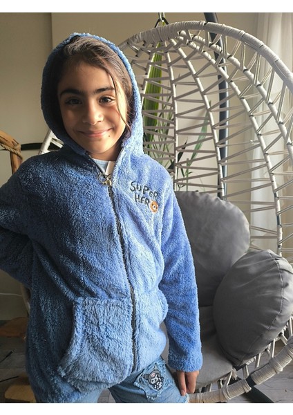 erkek Kız Çocuk Unisex Peluş Polar Hırka Kapşonlu Fermuarlı Cepli Mavi, Koyu Mavi !!! Dar Kalıp