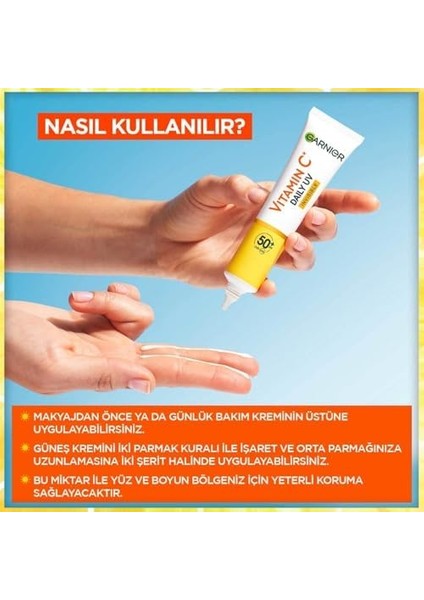 Garnier C Vitamini Parlak Günlük Güneş Koruyucu Fluid Yüz Kremi Görünmez Doku SPF50, 40 ml