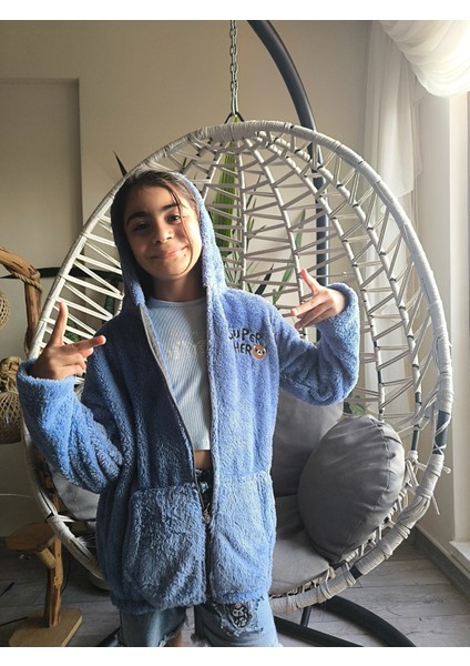 erkek Kız Çocuk Unisex Peluş Polar Hırka Kapşonlu Fermuarlı Cepli Mavi, Koyu Mavi !!! Dar Kalıp modelleri