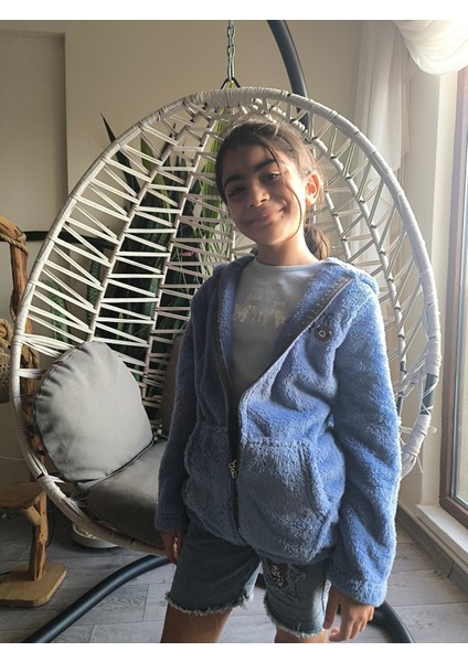 erkek Kız Çocuk Unisex Peluş Polar Hırka Kapşonlu Fermuarlı Cepli Mavi, Koyu Mavi !!! Dar Kalıp