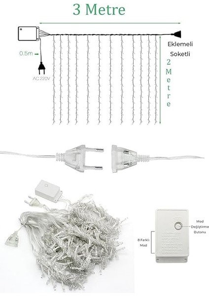 Perde LED Işıklar Animasyonlu Kumandalı Fişli - Günışığı (3x2) fiyatları
