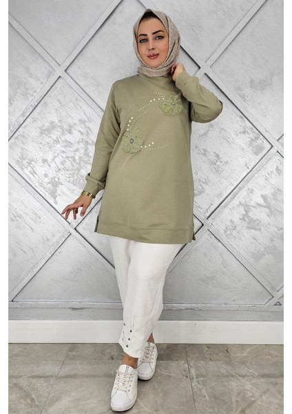 Kadın Dikme Çiçek ve Taş Detaylı Tesettür Tunik modelleri