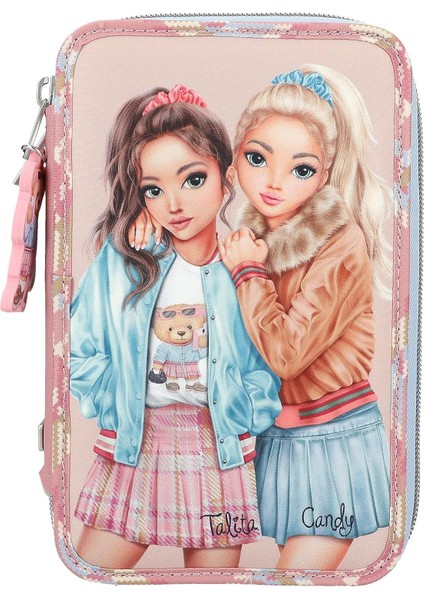 13009 – Doldurulmuş 3 Bölmeli Kutusu, Pembe Renkte, Model Motifli ve Kolye Uçlu, Renkli, Cetvel, Vb. Içeren Kutusu