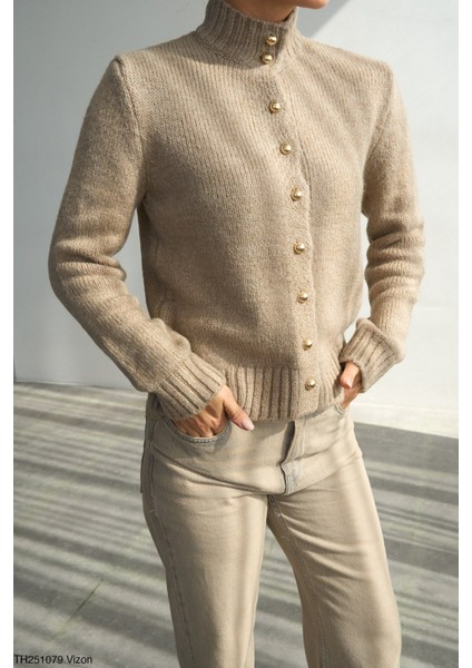 Vizon Dik Yaka Inci Düğmeli Hırka