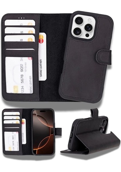Apple iPhone 16 Pro Uyumlu, Hakiki Deri, El Yapımı, Cüzdanlı Kılıf, Mat Siyah