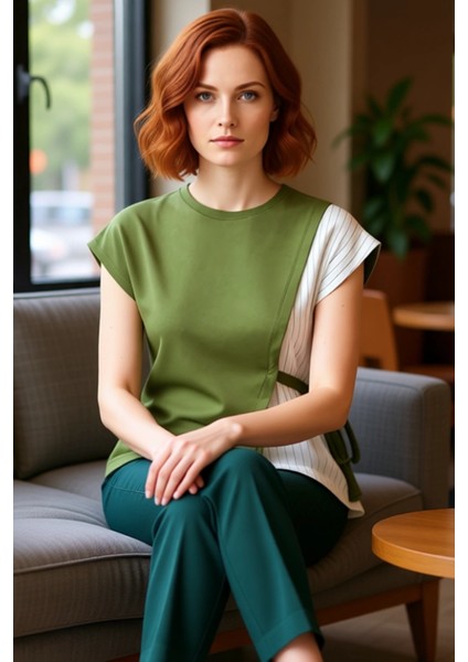 Rahat Kalıp Pamuklu Bluz Plise Detay Bisiklet Yaka Yazlık Kombinler Için Şık Görünüm