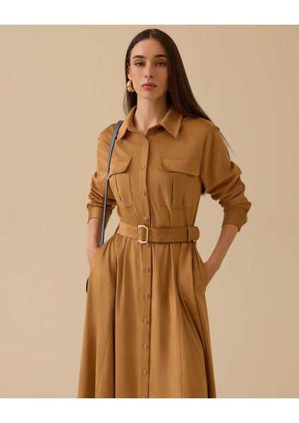 10002521311007 Önden Düğmeli Beli Kemerli Süet Elbise