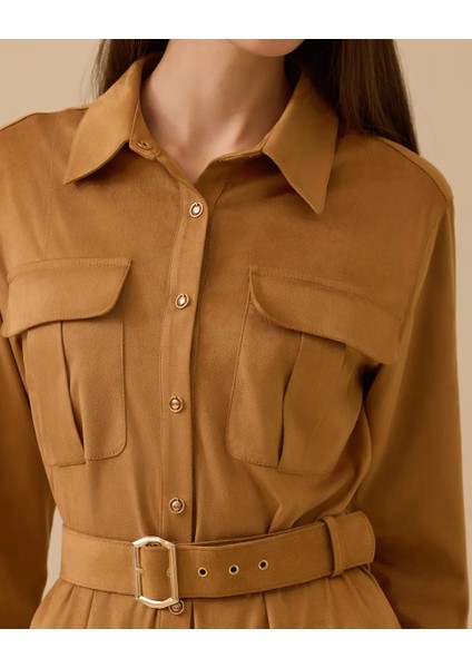 10002521311007 Önden Düğmeli Beli Kemerli Süet Elbise fiyatları