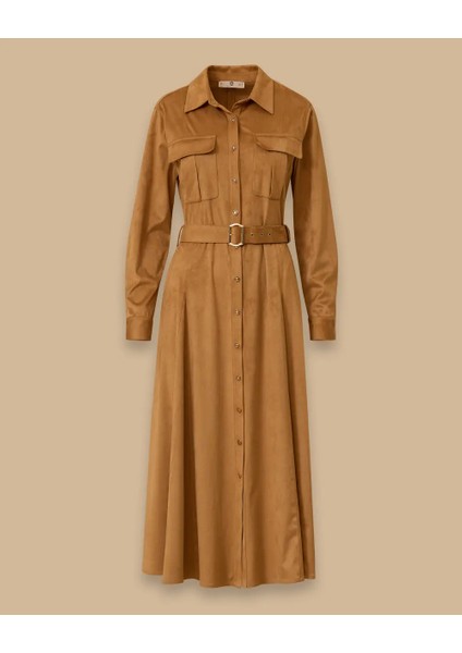 10002521311007 Önden Düğmeli Beli Kemerli Süet Elbise fırsatları